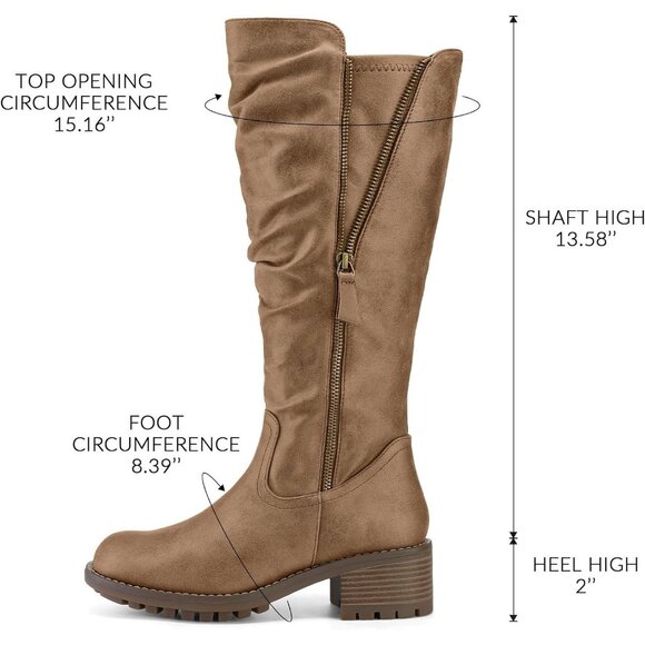 Women's Tan Mysoft Knee High Boots Chunky Heel Lug Sole Side Zipper 2 Inch - Picture 3 of 8